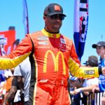 NASCAR Cup Series driver Bubba Wallace (23) is introduced before the start of the Wurth 400 race at Texas Motor Speedway.