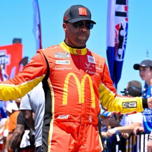 NASCAR Cup Series driver Bubba Wallace (23) is introduced before the start of the Wurth 400 race at Texas Motor Speedway.