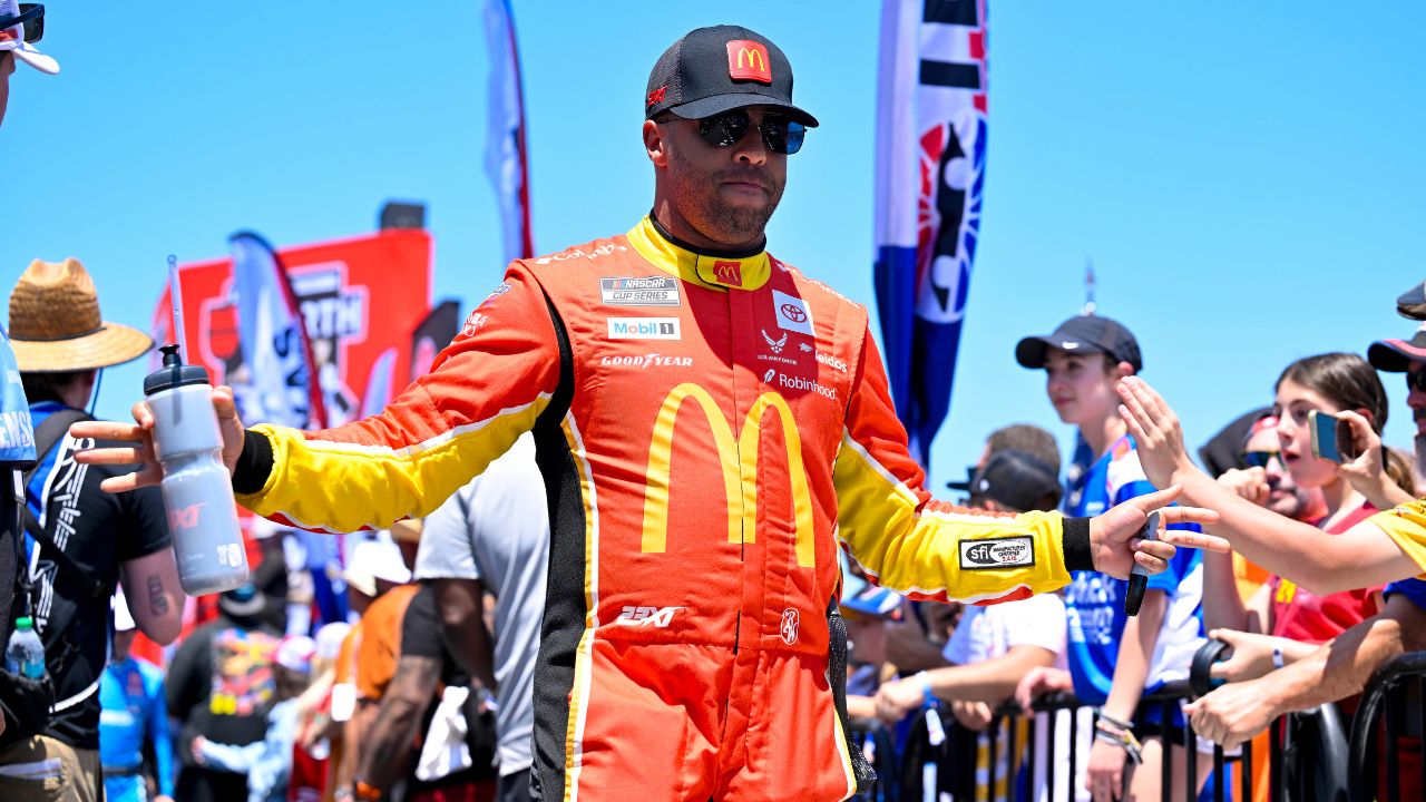 NASCAR Cup Series driver Bubba Wallace (23) is introduced before the start of the Wurth 400 race at Texas Motor Speedway.