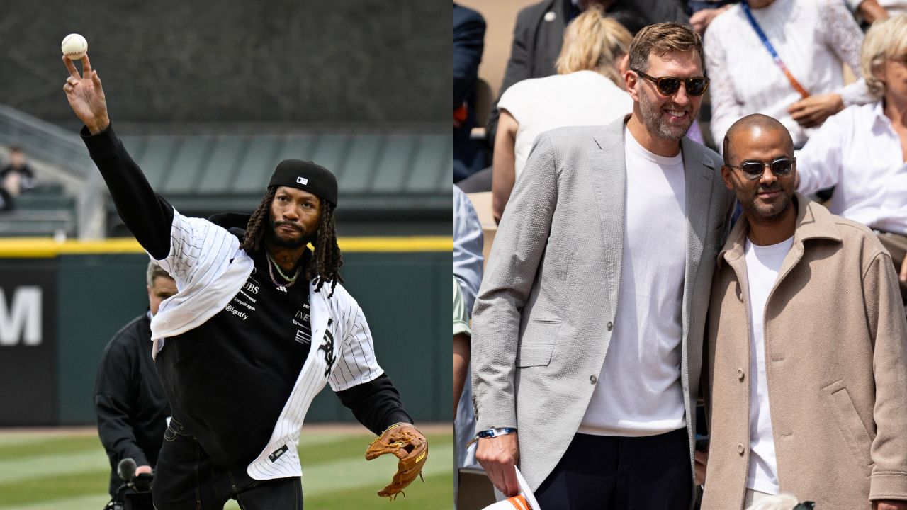 Derrick Rose (L), Dirk Nowitzki and Tony Parker at the Finals of the French Open (R)