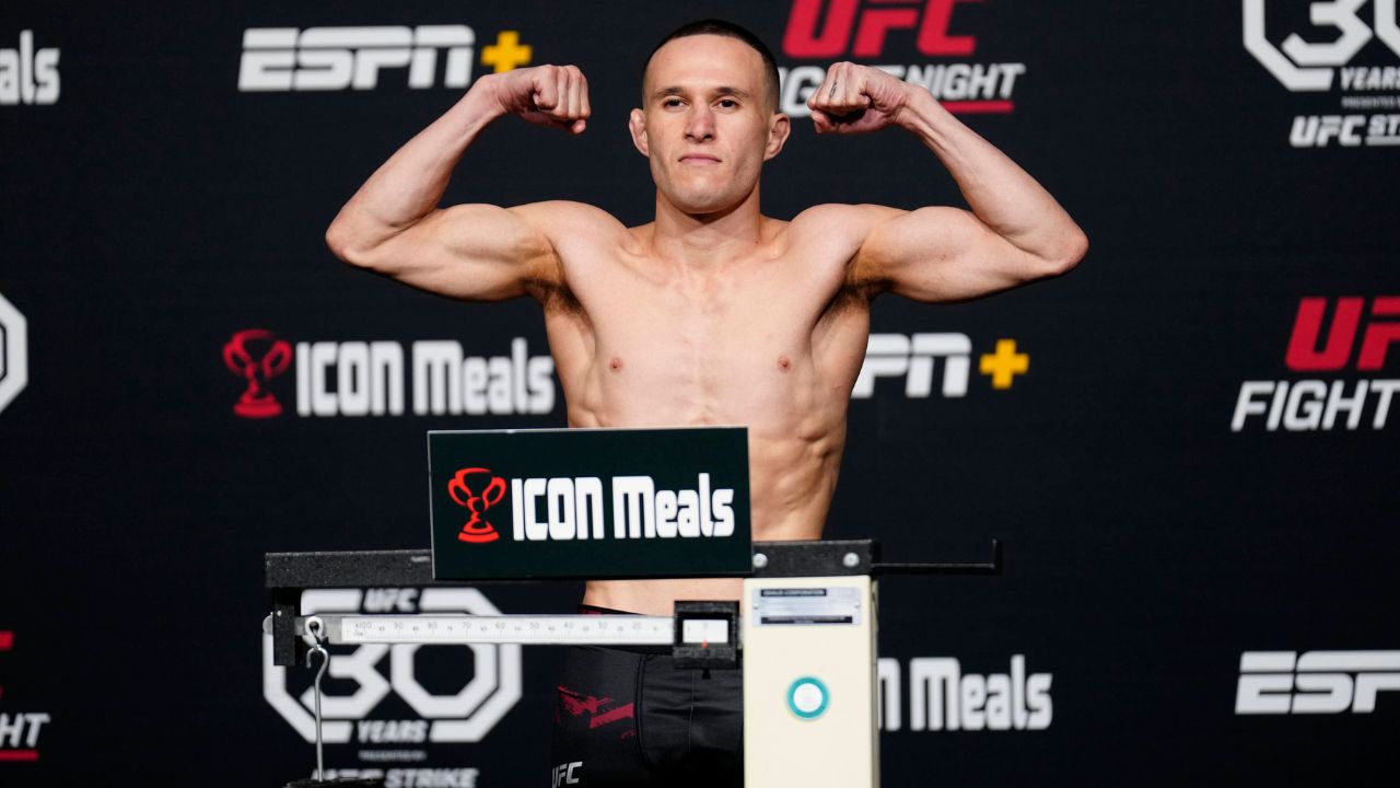 Kai Kara-France steps on the scale for the official weigh-ins at UFC Apex for UFC Fight Night - Vegas 74- Kara-France vs Albazi