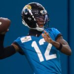 Jacksonville Jaguars wide receiver Travis Hunter (12) throws the ball during the 10th organized team activity at Miller Electric Center Wednesday, June 4, 2025 in Jacksonville, Fla.
