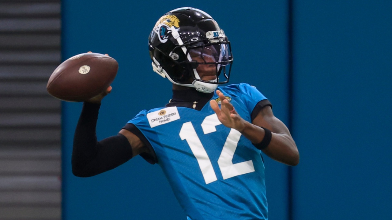Jacksonville Jaguars wide receiver Travis Hunter (12) throws the ball during the 10th organized team activity at Miller Electric Center Wednesday, June 4, 2025 in Jacksonville, Fla.