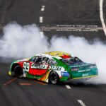 NASCAR Mexico Series driver Daniel Suarez (99) celebrates after winning a NASCAR Mexico Series race at the Los Angeles Memorial Coliseum.