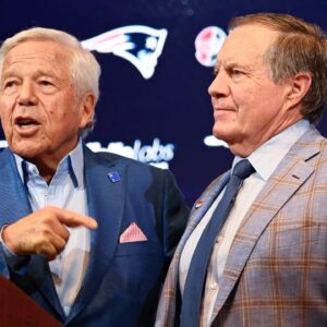 New England Patriots owner Robert Kraft (left) and Patriots former head coach Bill Belichick (right) and hold a press conference at Gillette Stadium to announce Belichick's exit from the team.