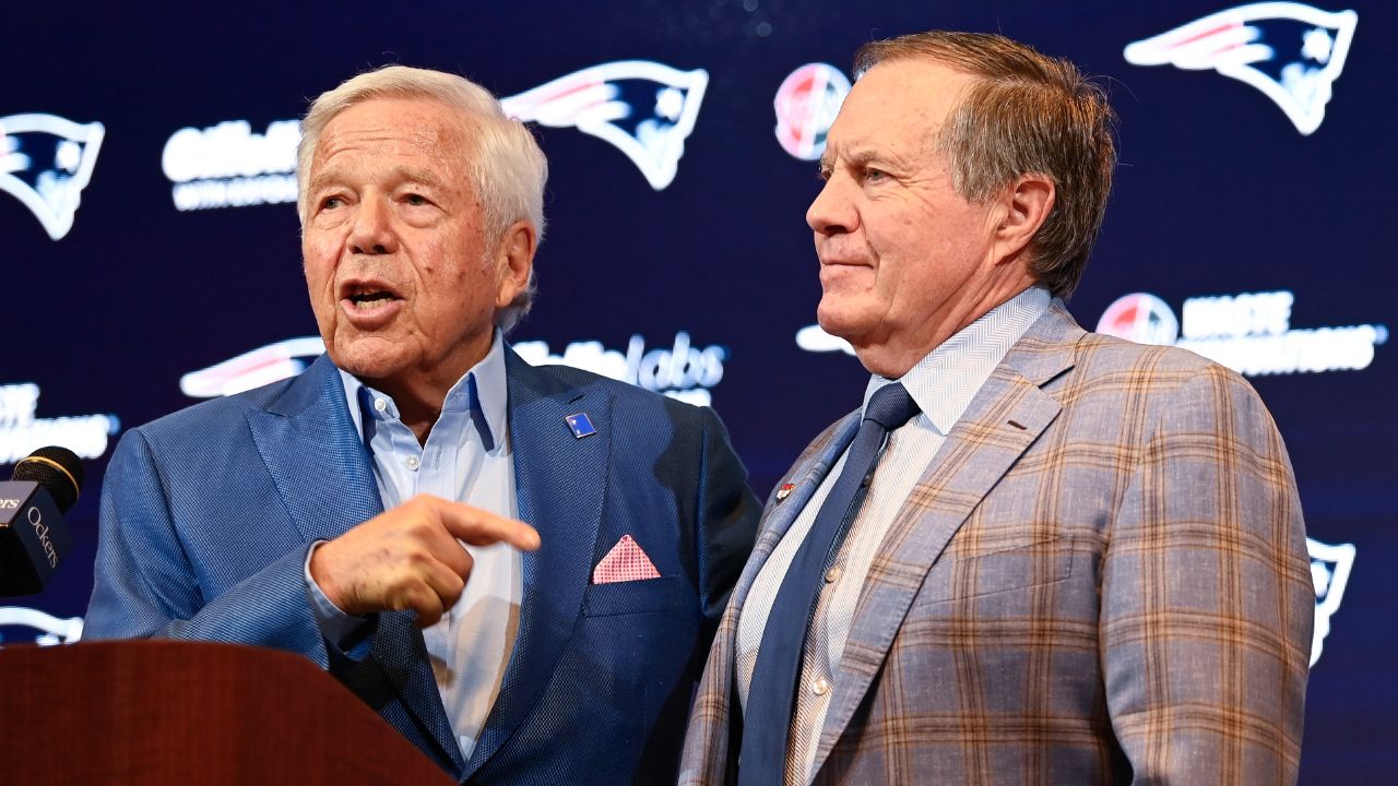 New England Patriots owner Robert Kraft (left) and Patriots former head coach Bill Belichick (right) and hold a press conference at Gillette Stadium to announce Belichick's exit from the team.