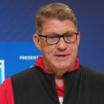 Tampa Bay Buccaneers general manager Jason Licht speaks during the NFL Scouting Combine at the Indiana Convention Center.