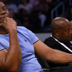 Magic Johnson attends a WNBA game between the Los Angeles Sparks and the Minnesota Lynx at Crypto.com Arena.