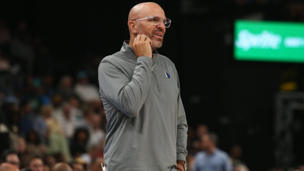 Apr 18, 2025; Memphis, Tennessee, USA; Dallas Mavericks head coach Jason Kidd during the third quarter against the Memphis Grizzlies at FedExForum.