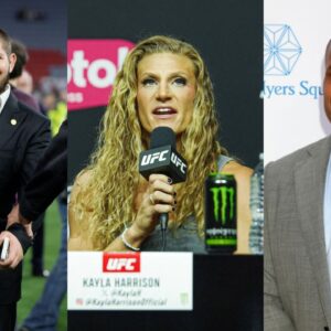 Khabib Nurmagomedov (L), Kayla Harrison (M) and Daniel Cormier (R)