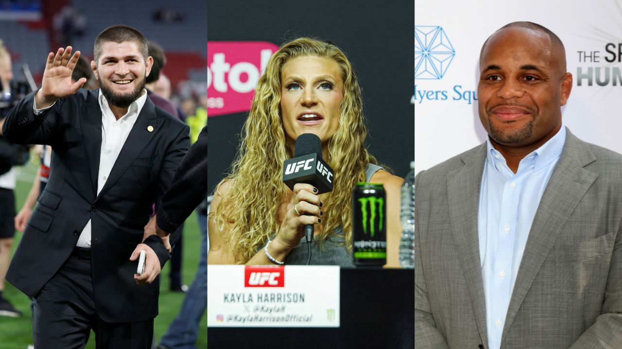 Khabib Nurmagomedov (L), Kayla Harrison (M) and Daniel Cormier (R)