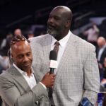 Richard Jefferson and Shaquille O'Neal look on before game five of the eastern conference finals for the 2025 NBA Playoffs at Madison Square Garden.