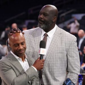 Richard Jefferson and Shaquille O'Neal look on before game five of the eastern conference finals for the 2025 NBA Playoffs at Madison Square Garden.