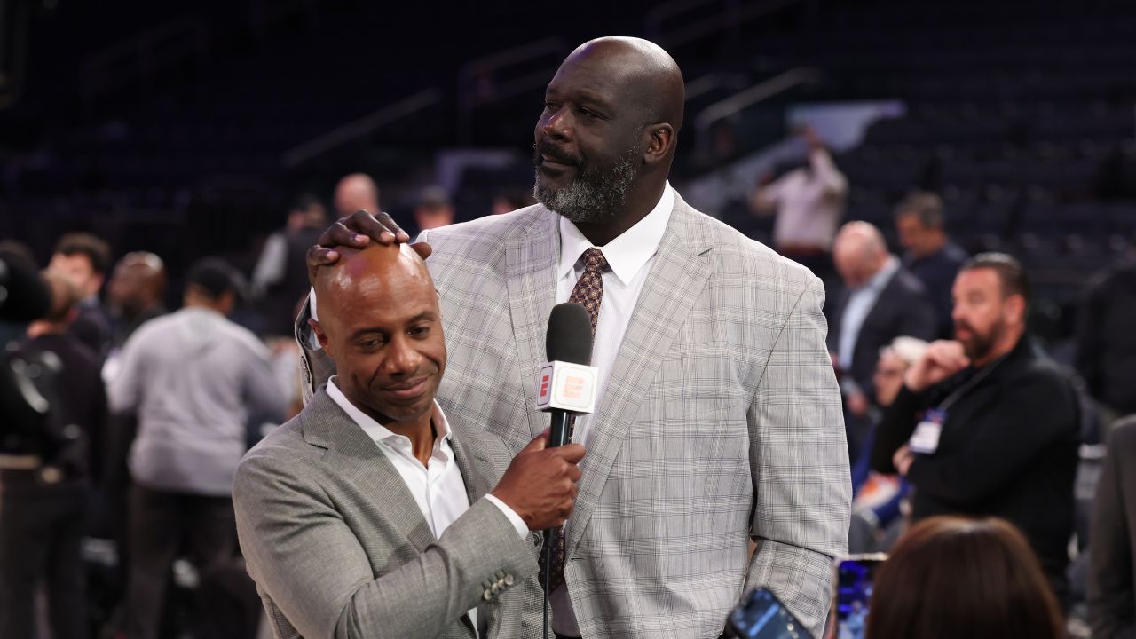 Richard Jefferson and Shaquille O'Neal look on before game five of the eastern conference finals for the 2025 NBA Playoffs at Madison Square Garden.
