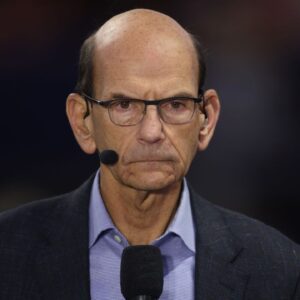 ESPN announcer Paul Finebaum before the 2024 SEC Championship game at Mercedes-Benz Stadium.