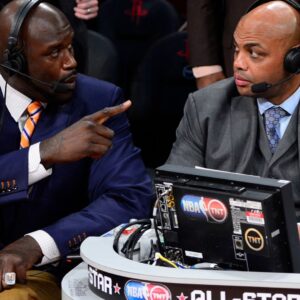 Feb 16, 2013; Houston, TX, USA; TNT broadcaster Shaquille O'Neal (left) and Charles Barkley talk during the 2013 NBA All-Star slam dunk contest at the Toyota Center.