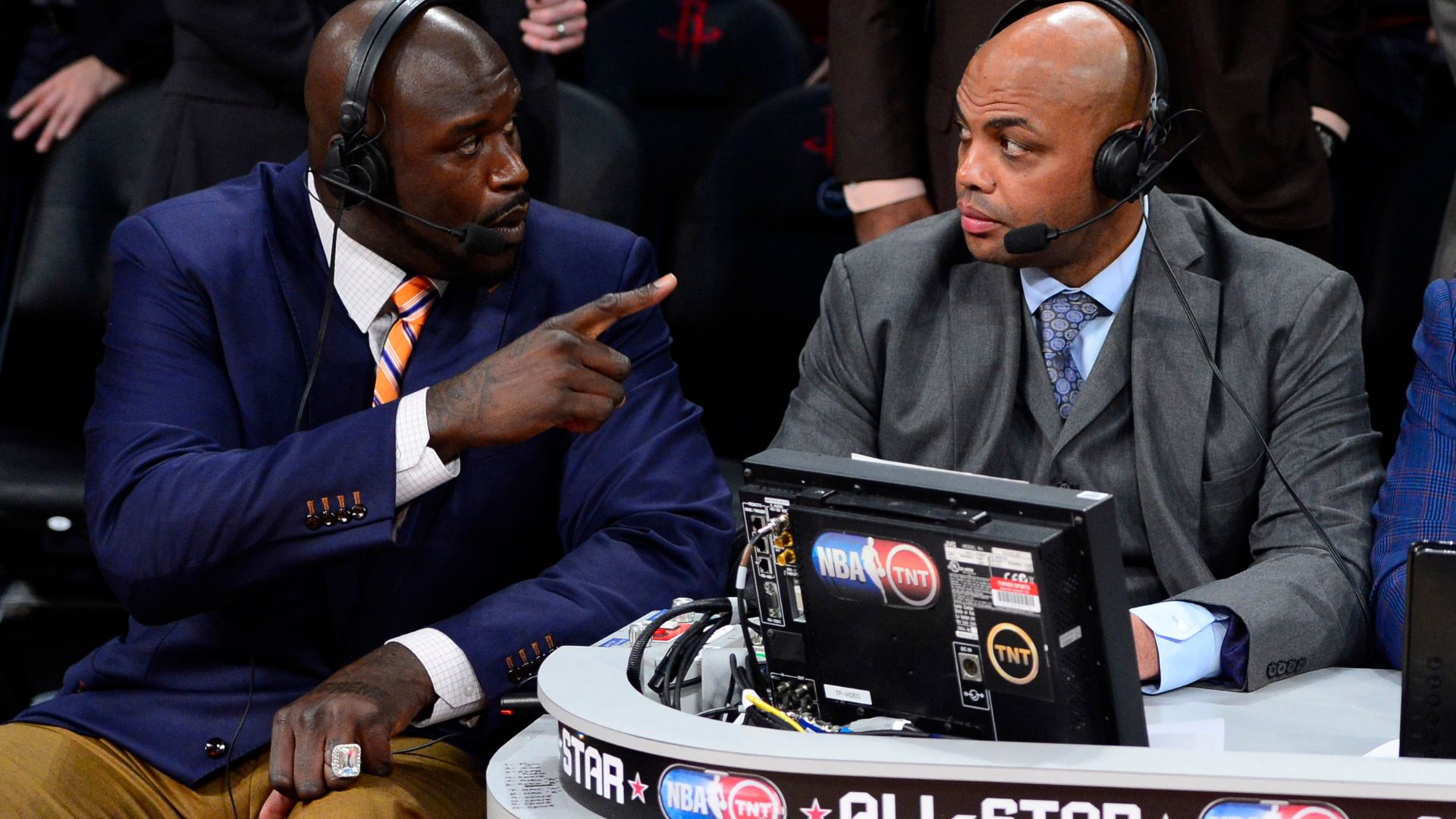 Feb 16, 2013; Houston, TX, USA; TNT broadcaster Shaquille O'Neal (left) and Charles Barkley talk during the 2013 NBA All-Star slam dunk contest at the Toyota Center.