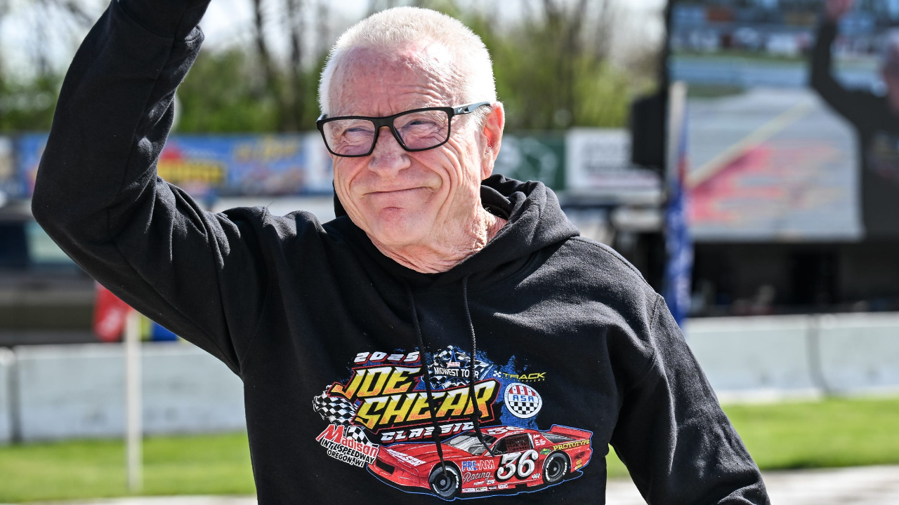 NASCAR Hall of Famer Mark Martin, serving as grand marshal for the ASA Midwest Tour Joe Shear Classic, waves to the crowd Sunday, May 4, 2025, at Madison International Speedway in Town of Rutland, Wisconsin.