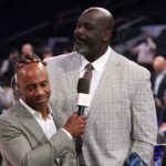 May 29, 2025; New York, New York, USA; Richard Jefferson and Shaquille O'Neal look on before game five of the eastern conference finals for the 2025 NBA Playoffs at Madison Square Garden. Mandatory Credit: Vincent Carchietta-Imagn Images