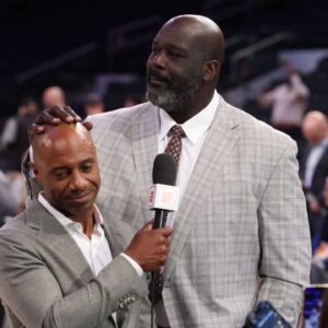 May 29, 2025; New York, New York, USA; Richard Jefferson and Shaquille O'Neal look on before game five of the eastern conference finals for the 2025 NBA Playoffs at Madison Square Garden. Mandatory Credit: Vincent Carchietta-Imagn Images