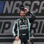 Trackhouse Racing driver Shane van Gisbergen celebrates winning on the podium after winning the NASCAR Cup Series Mexico City Race at Autodromo Hermanos Rodriguez.
