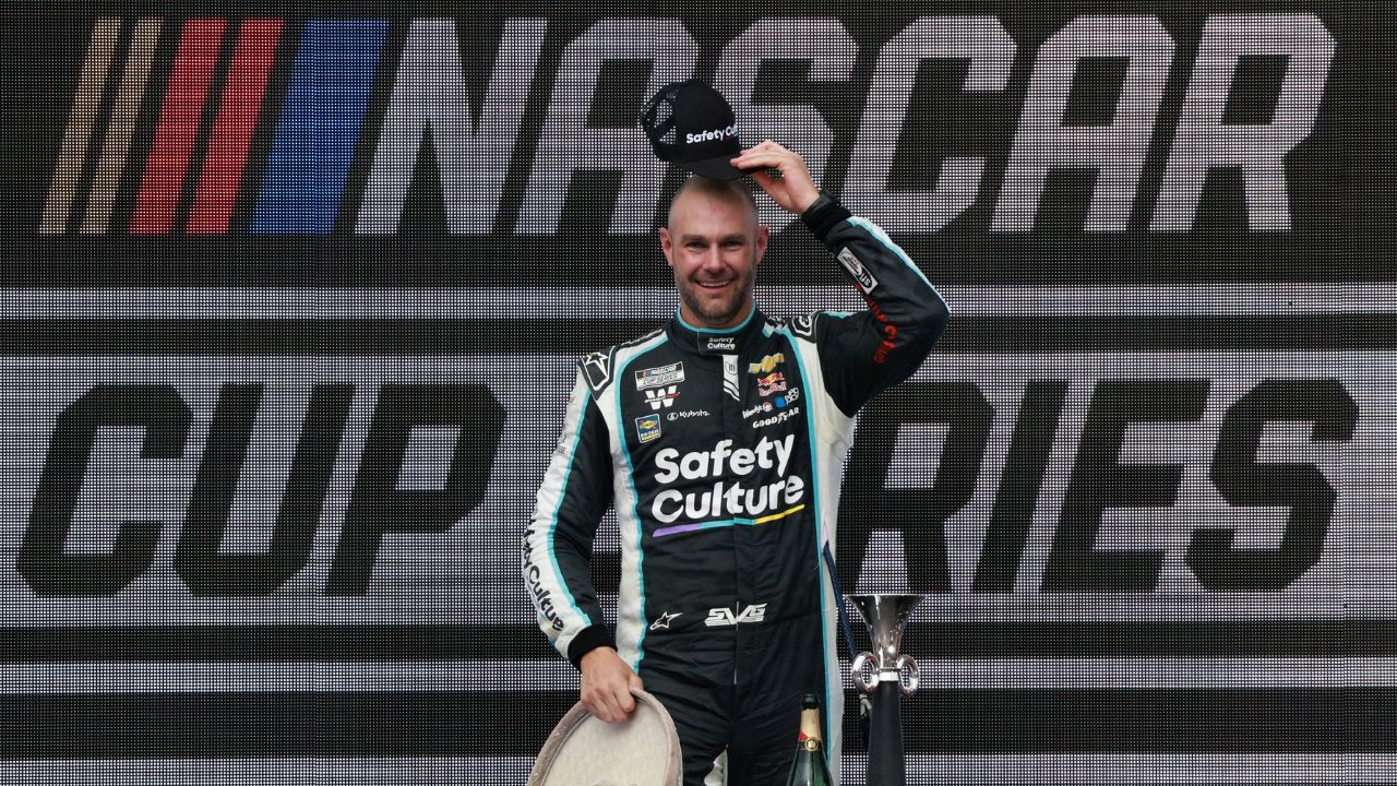 Trackhouse Racing driver Shane van Gisbergen celebrates winning on the podium after winning the NASCAR Cup Series Mexico City Race at Autodromo Hermanos Rodriguez.