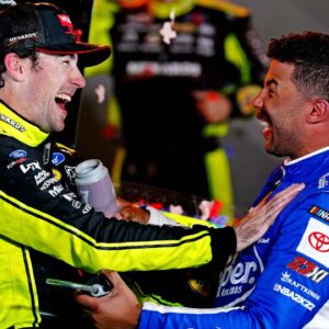 NASCAR Cup Series driver Ryan Blaney (12) celebrates in Victory lane with NASCAR Cup Series driver Bubba Wallace (23) after winning the All-Star Race at Texas Motor Speedway.