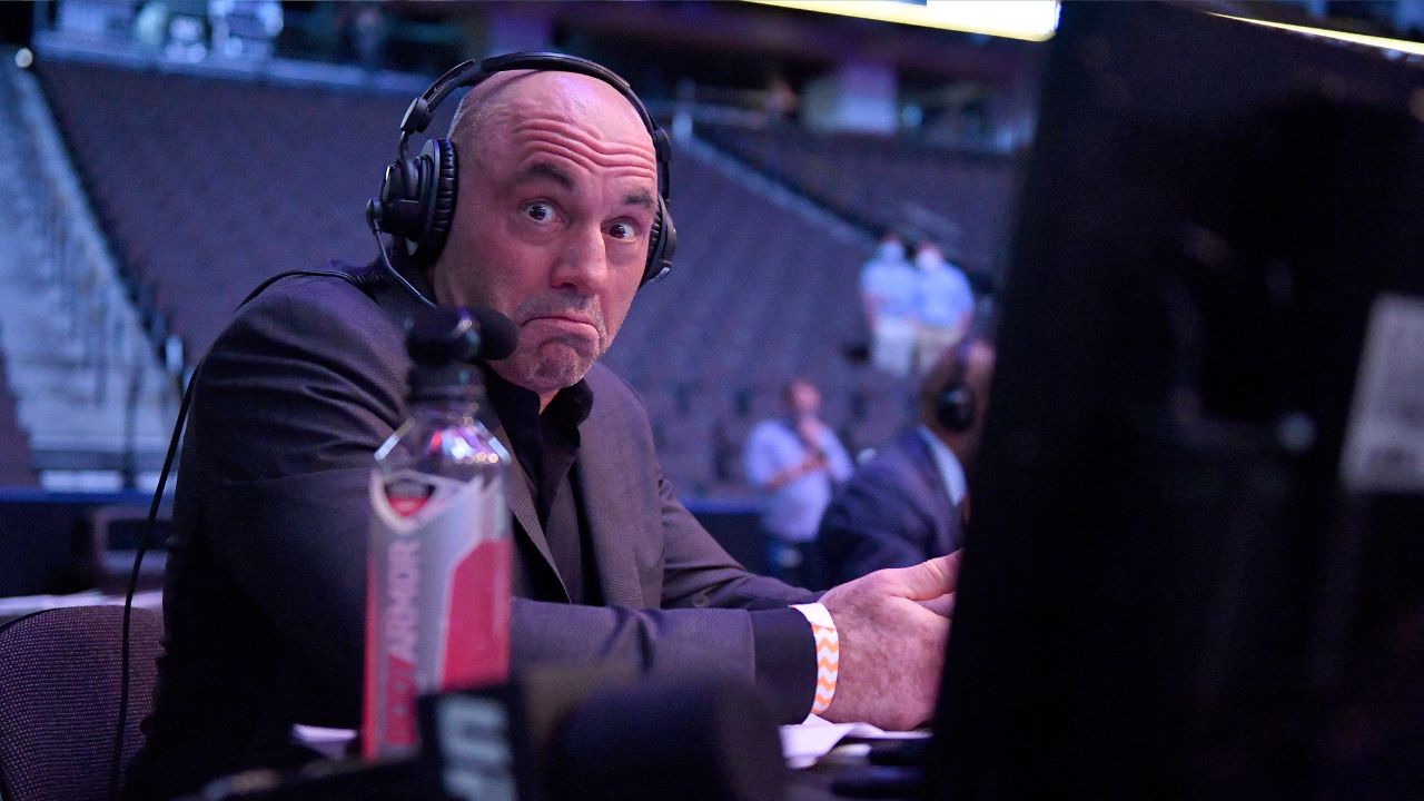 Announcer Joe Rogan reacts during UFC 249