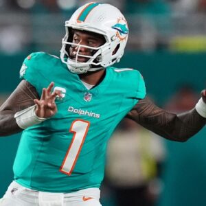 Miami Dolphins quarterback Tua Tagovailoa (1) attempts a pass against the San Francisco 49ers during second half at Hard Rock Stadium.