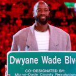 Oct 28, 2024; Miami, Florida, USA; Former Miami Heat guard Dwyane Wade is honored with 'Dwayne Wade Blvd' at halftime during a game against the Detroit Pistons at Kaseya Center. Mandatory Credit: Rhona Wise-Imagn Images