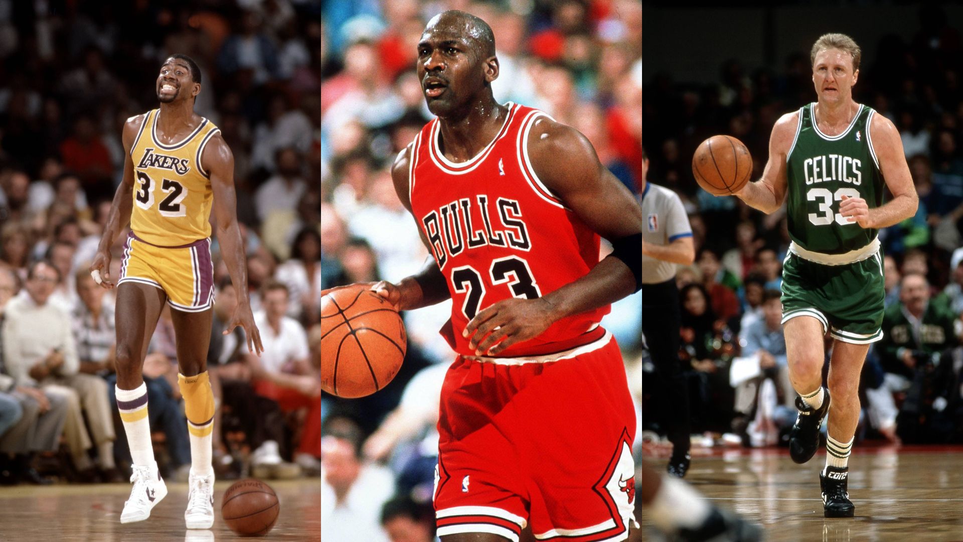 Magic Johnson (L), Michael Jordan (C), and Larry Bird (R)