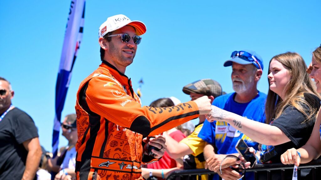 NASCAR Cup Series driver Daniel Suarez (99) is introduced before the start of the Wurth 400 race at Texas Motor Speedway.