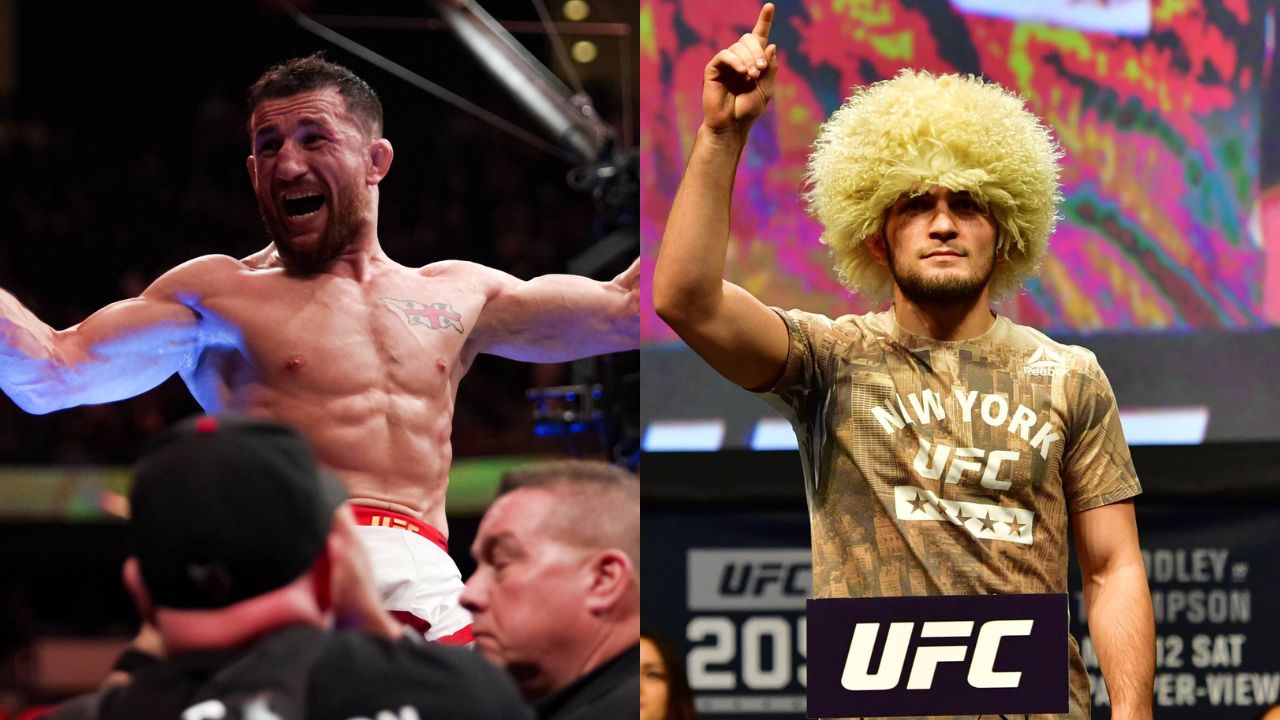 Merab Dvalishvili (L) and Khabib Nurmagomedov (R)