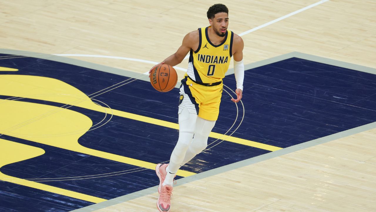 Indiana Pacers guard Tyrese Haliburton (0) dribbles the ball against the Oklahoma City Thunder in the second quarter during game six of the 2025 NBA Finals at Gainbridge Fieldhouse