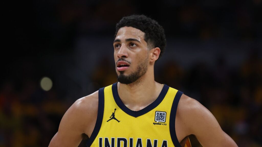Indiana Pacers guard Tyrese Haliburton (0) stands on court during the second quarter against the New York Knicks of game four of the eastern conference finals for the 2025 NBA Playoffs at Gainbridge Fieldhouse.