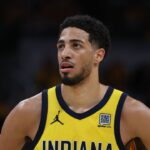 Indiana Pacers guard Tyrese Haliburton (0) stands on court during the second quarter against the New York Knicks of game four of the eastern conference finals for the 2025 NBA Playoffs at Gainbridge Fieldhouse.