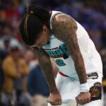 Memphis Grizzlies guard Ja Morant (12) waits to shoot a free throw during the second quarter against the Oklahoma City Thunder during game three for the first round of the 2024 NBA Playoffs at FedExForum.
