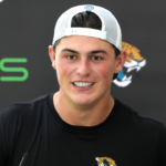 Jacksonville Jaguars wide receiver Louis Rees-Zammit (84) at press confernce at The Grove. Mandatory Credit: Kirby Lee-Imagn Images