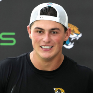 Jacksonville Jaguars wide receiver Louis Rees-Zammit (84) at press confernce at The Grove. Mandatory Credit: Kirby Lee-Imagn Images
