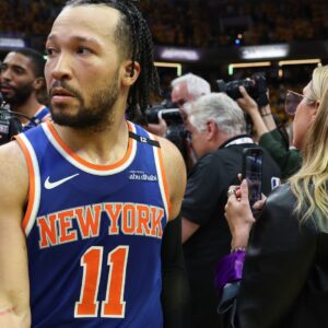 May 31, 2025; Indianapolis, Indiana, USA; New York Knicks guard Jalen Brunson (11) reacts after game six of the eastern conference finals against the Indiana Pacers for the 2025 NBA Playoffs at Gainbridge Fieldhouse