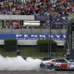 NASCAR Xfinity Series driver Cole Custer (00) celebrates after winning the Explore The Pocono Mountains 225 at Pocono Raceway.