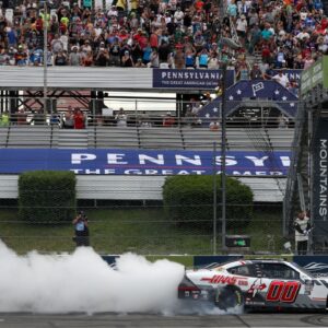 NASCAR Xfinity Series driver Cole Custer (00) celebrates after winning the Explore The Pocono Mountains 225 at Pocono Raceway.