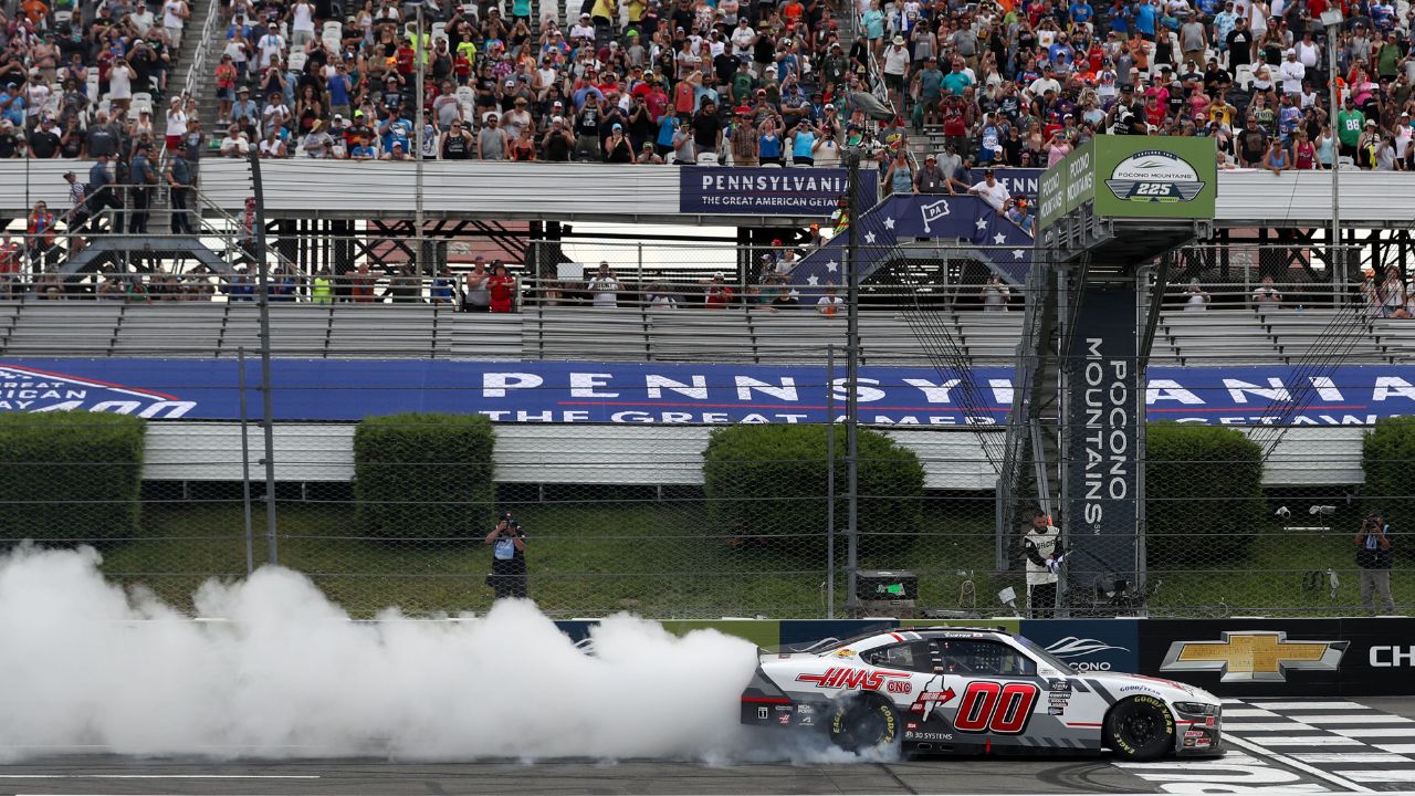 NASCAR Xfinity Series driver Cole Custer (00) celebrates after winning the Explore The Pocono Mountains 225 at Pocono Raceway.