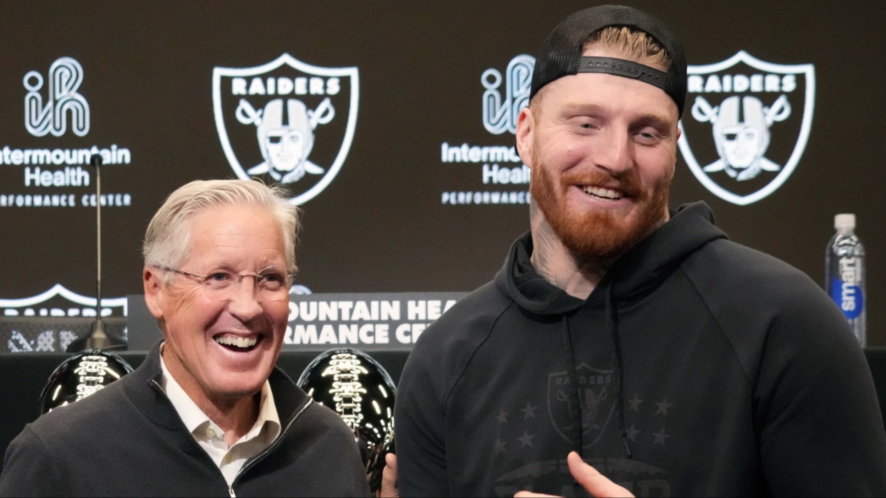 Las Vegas Raiders defensive end Maxx Crosby (right) and coach Pete Carroll at press conference at Intermountain Health Performance Center.“At This Level, I’ve Never Experienced It”: Maxx Crosby Gushes Over New Raiders Head Coach Pete Carroll