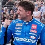 NASCAR Cup Series driver Denny Hamlin (11) celebrates his win during the Cook Out 400 at Martinsville Speedway.