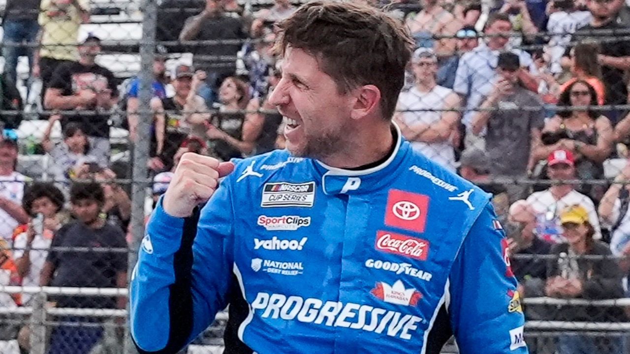 NASCAR Cup Series driver Denny Hamlin (11) celebrates his win during the Cook Out 400 at Martinsville Speedway.