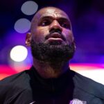 Jan 28, 2025; Philadelphia, Pennsylvania, USA; Los Angeles Lakers forward LeBron James (23) before action against the Philadelphia 76ers at Wells Fargo Center.