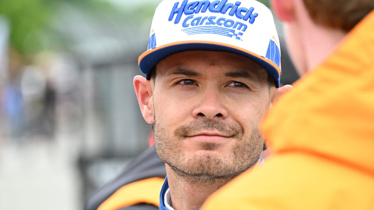 Arrow McLaren driver Kyle Larson (17) is seen talking in the garage area after a crash on Lap 91 on Sunday, May 25, 2025, during the 109th running of the Indianapolis 500 at Indianapolis Motor Speedway.