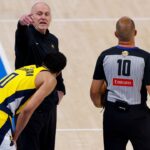 Jun 16, 2025; Oklahoma City, Oklahoma, USA; Indiana Pacers head coach Rick Carlisle motions to the bench as guard Tyrese Haliburton (0) looks on in the first quarter against the Oklahoma City Thunder during game five of the 2025 NBA Finals at Paycom Center. Mandatory Credit: Alonzo Adams-Imagn Images