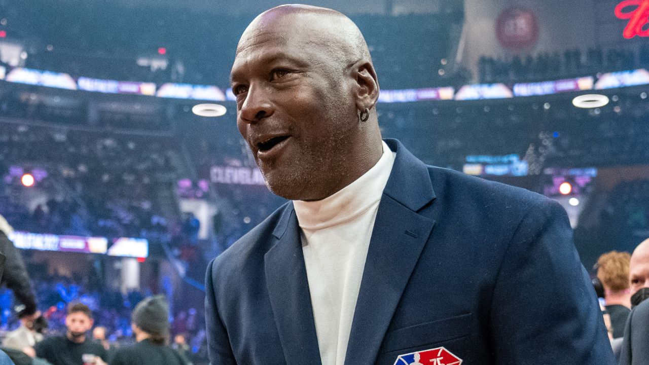 February 20, 2022; Cleveland, Ohio, USA; NBA great Michael Jordan is honored for being selected to the NBA 75th Anniversary Team during halftime in the 2022 NBA All-Star Game at Rocket Mortgage FieldHouse. Mandatory Credit: Kyle Terada-Imagn Images